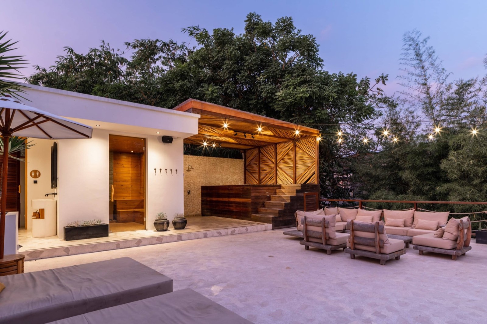 Sauna and lounge at dusk